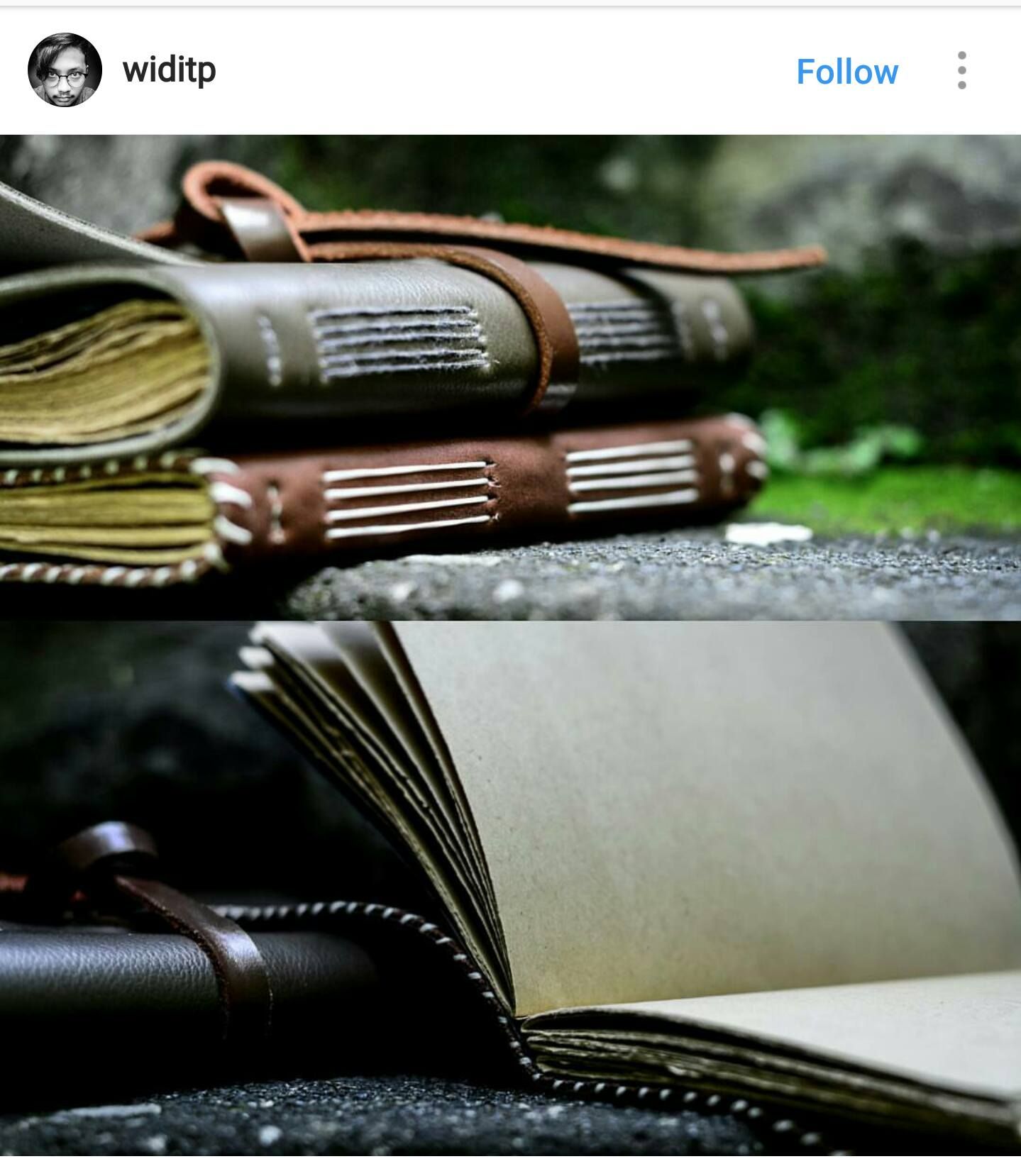 Diptych foto jurnal Hibrkraft: panel atas menunjukkan dua jurnal ditumpuk, panel bawah menunjukkan satu jurnal terbuka dengan halaman kosong.