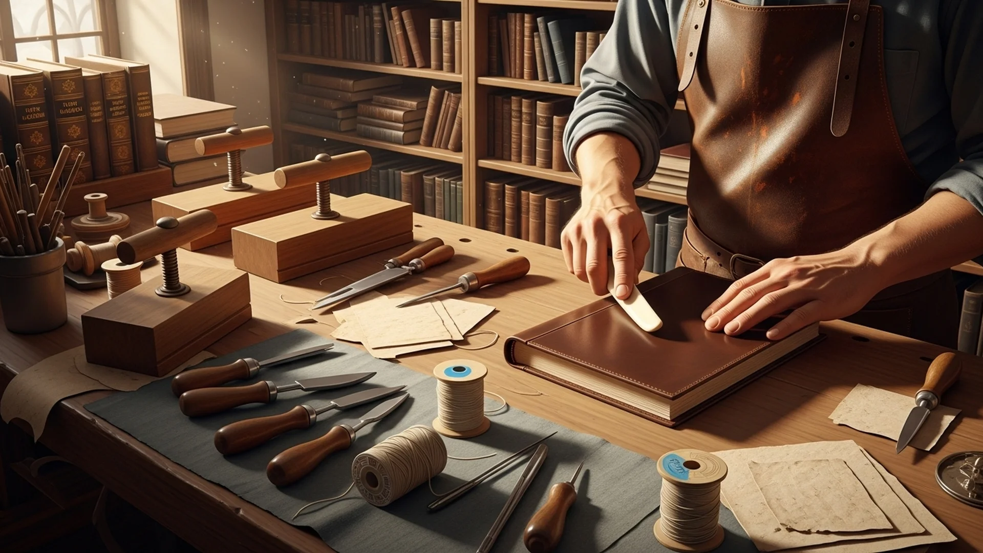 Bookbinder At Work In His Workshop