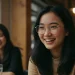 Smiling Woman Glasses Cafe Friends