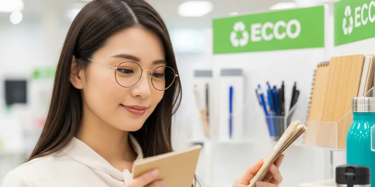 Woman Examining Eco Notebooks Store