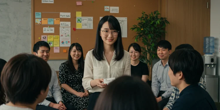 Woman Giving Thank You Card Team Meeting