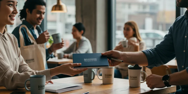 Woman Handing Man Notebook Coffee Shop