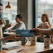 Woman Handing Man Notebook Coffee Shop