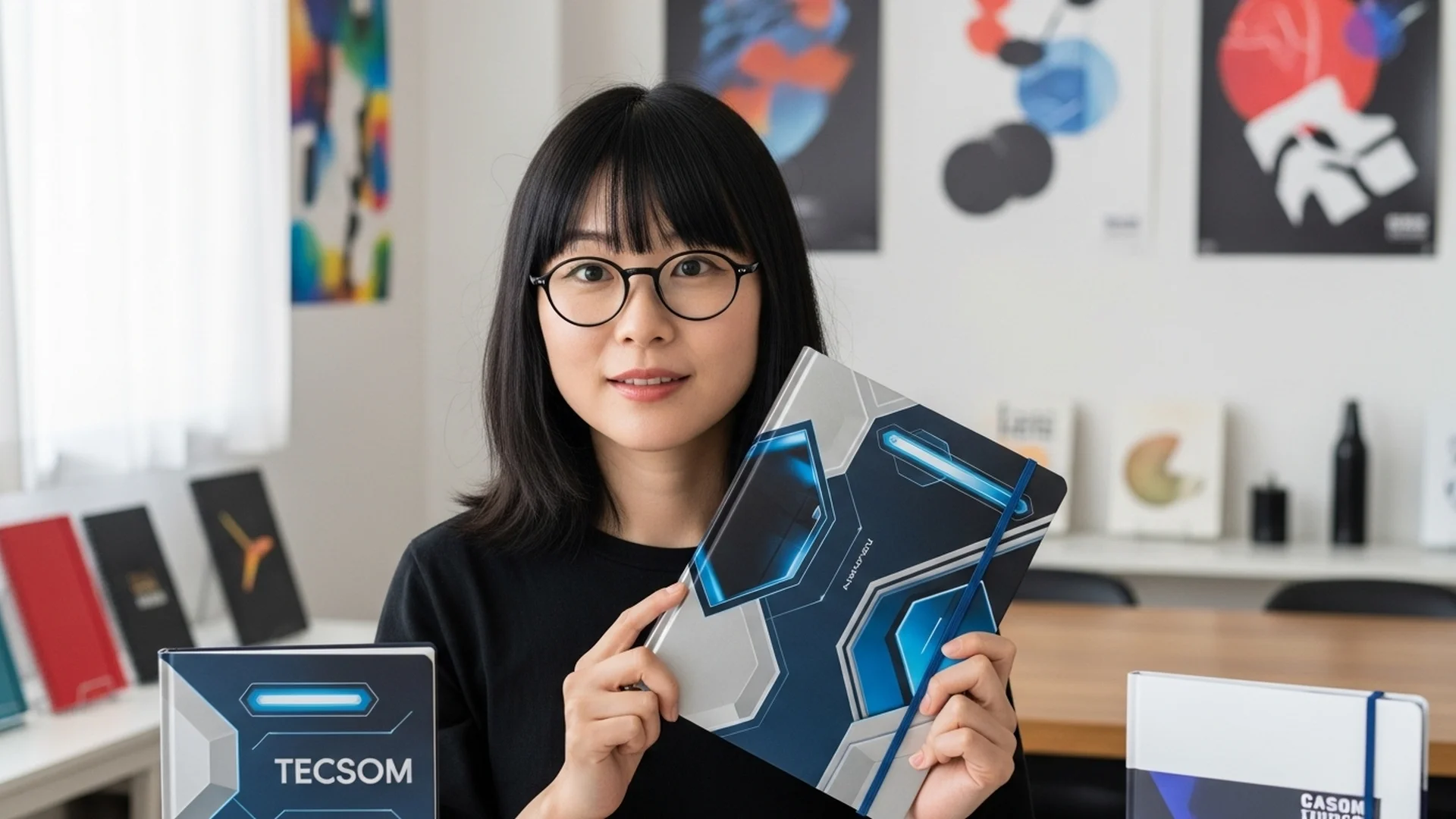 Woman Holding Teccom Notebook Design