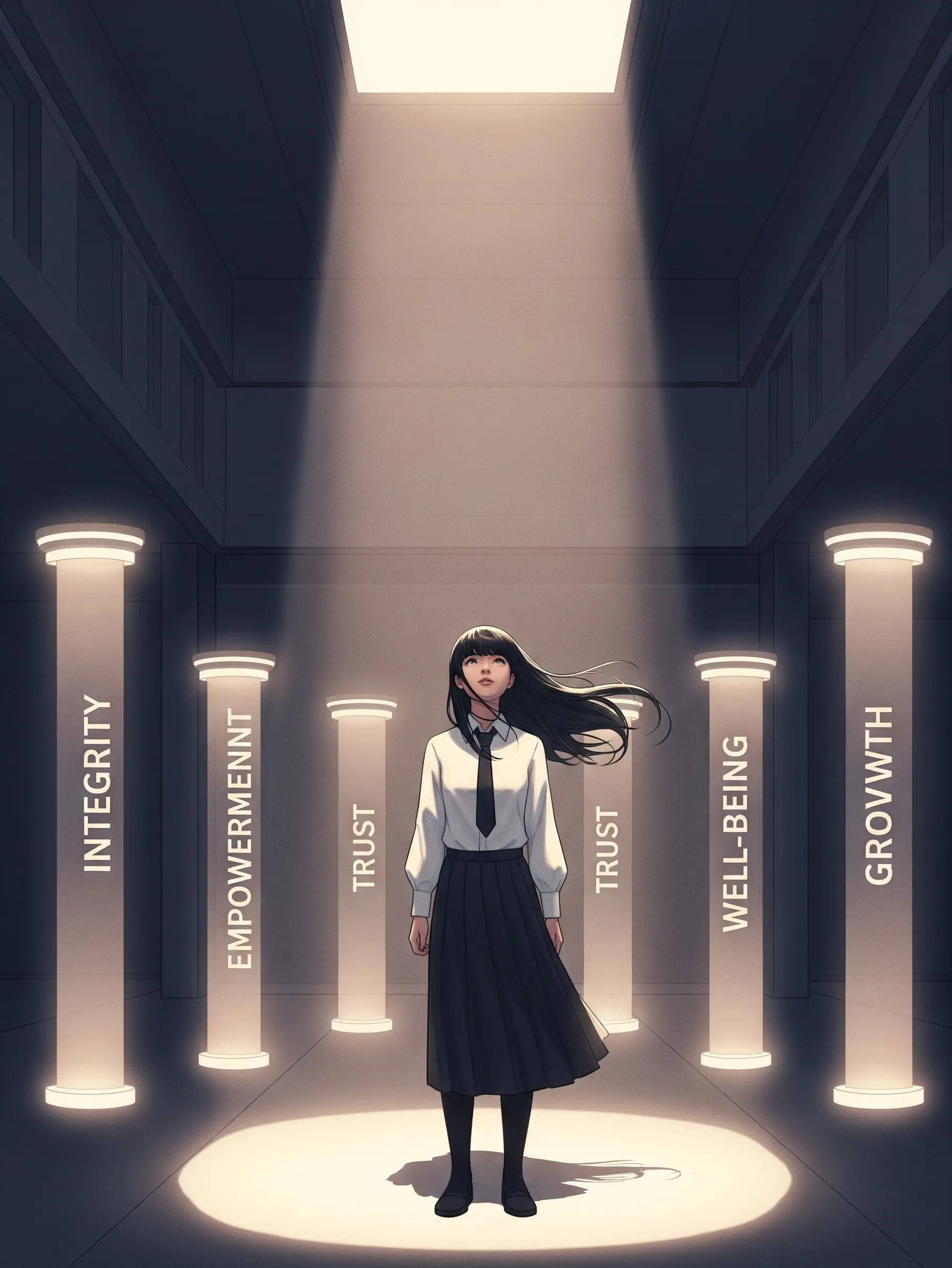 Woman Spotlight Pillars Values Growth