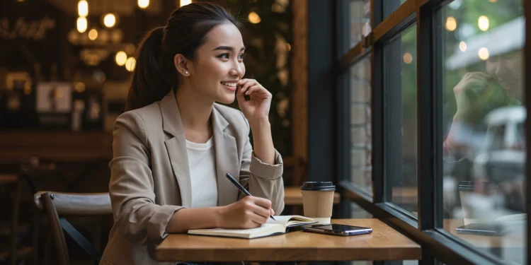 Woman Writing In Cafe Near Window