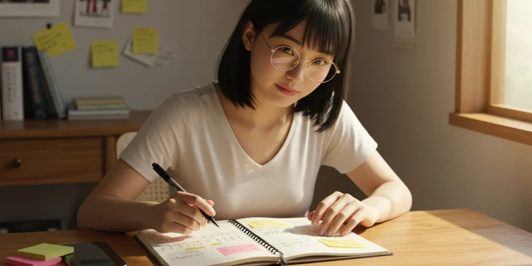 Woman Writing In Planner At Desk Sunlight