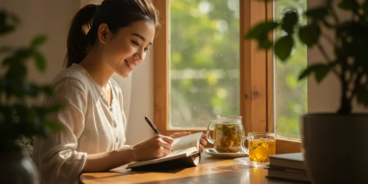 Woman Writing Journal Tea Window Sunlight