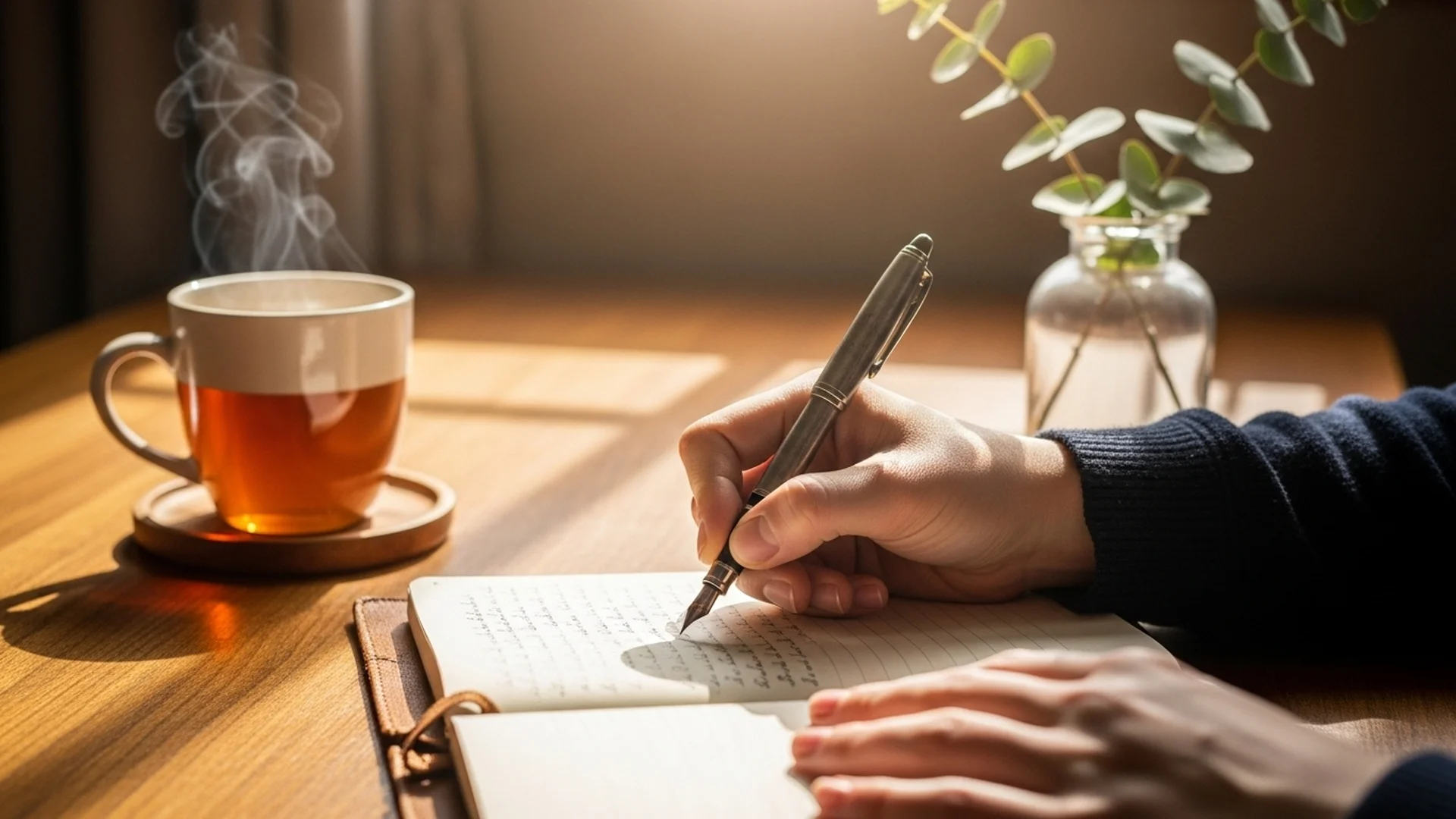 Writing In Journal With Tea And Pen