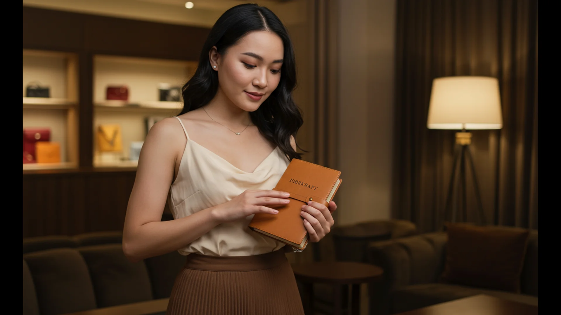 Woman Holding Leather Notebook Store