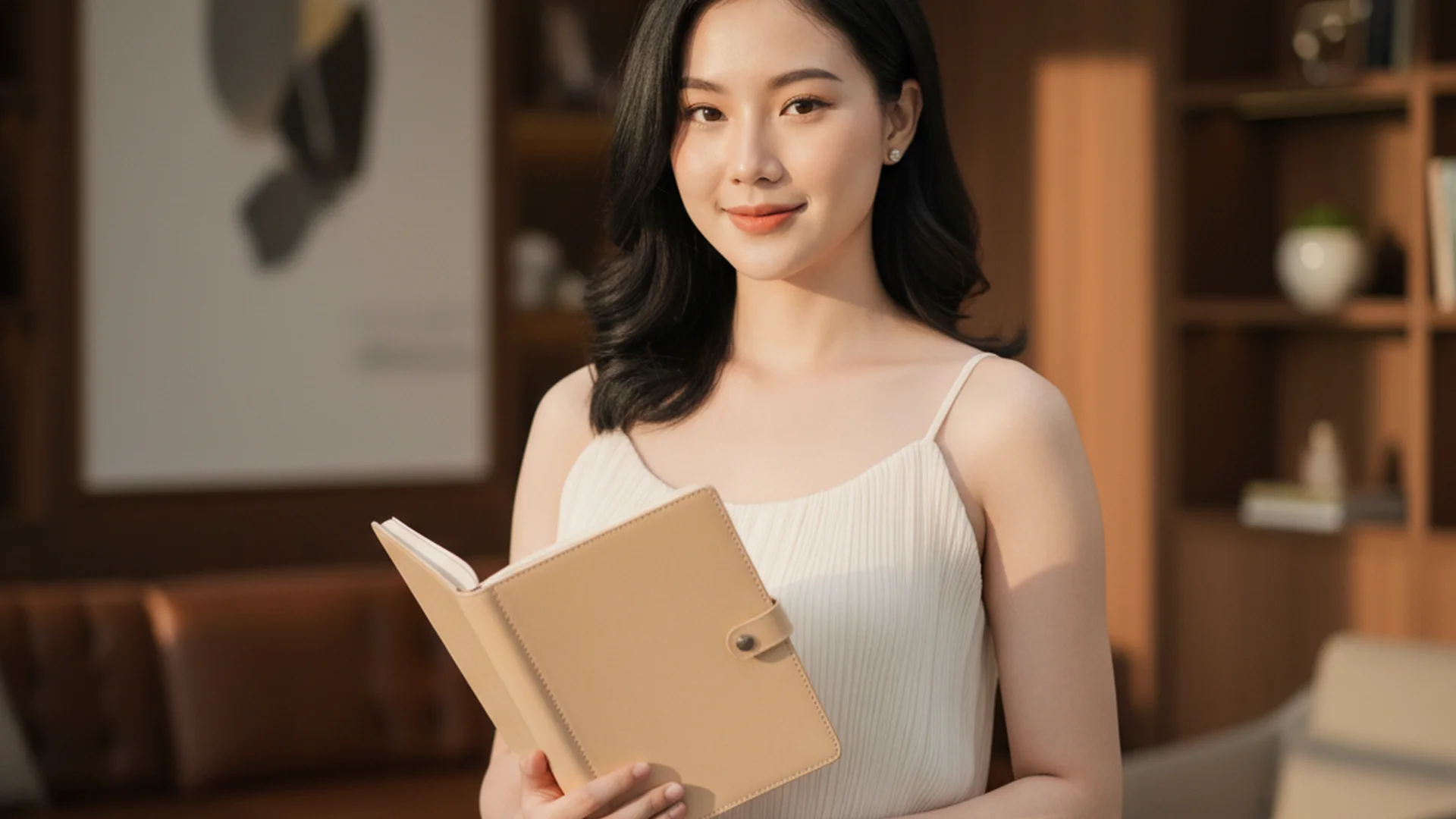 Wanita memegang buku catatan kulit premium dengan percaya diri