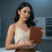 Woman Holding Notebook Tech Background