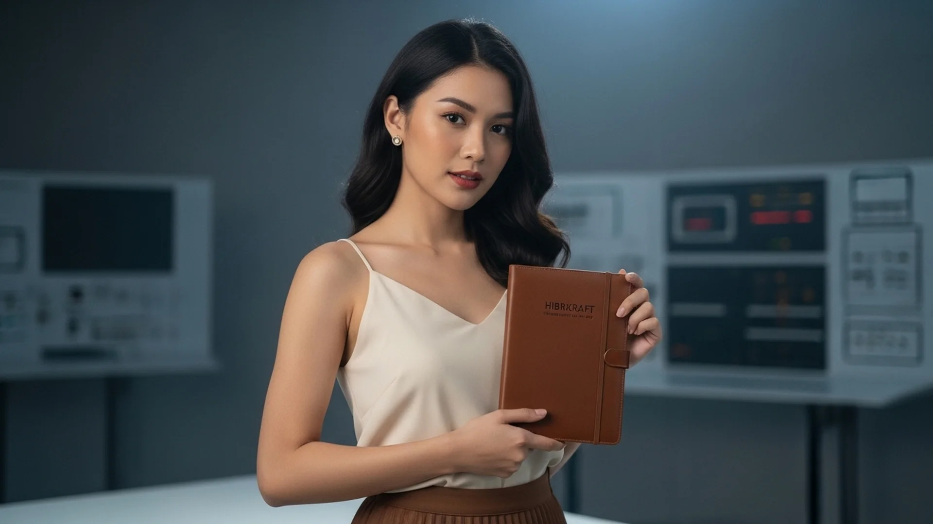 Woman Holding Notebook Tech Background