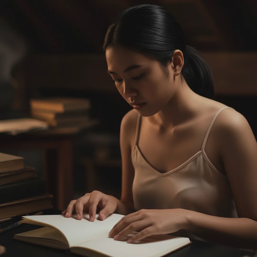 Seorang wanita membaca buku dengan khusyuk di loteng pada malam hari, melambangkan momen ketika sebuah buku atau jurnal benar-benar 'klik' dengannya.