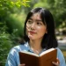 Woman Reading Notebook Nature Stream