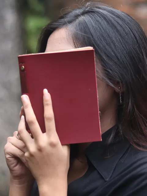 Woman Hiding Face Red Notebook Custom Notebook Personalized Journal Standard Order Woman Hiding Face Red Notebook Custom Notebook Personalized Journal Standard Order